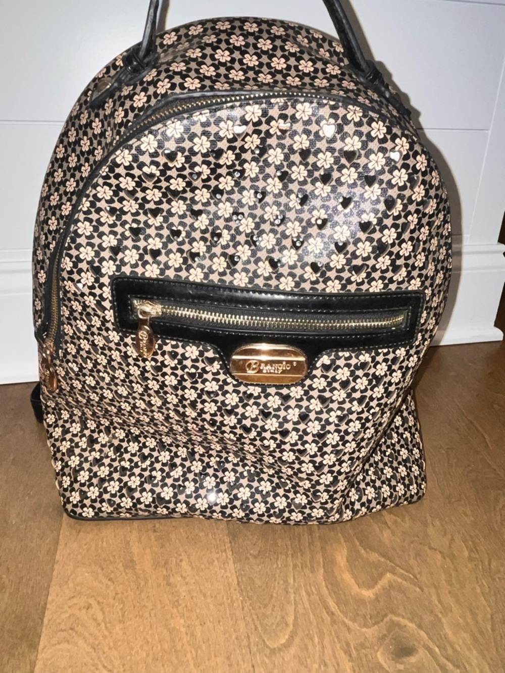 Brangio Italy Back Pack Black and Taupe Flowers Shimmer Pattern